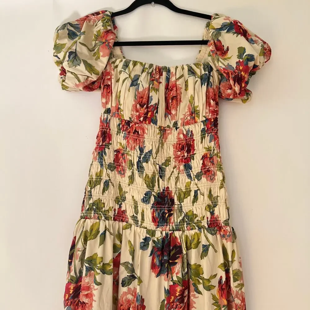 Abercrombie & Fitch Smocked Drop-Waist Puff Sleeve Floral Maxi Dress Size MP